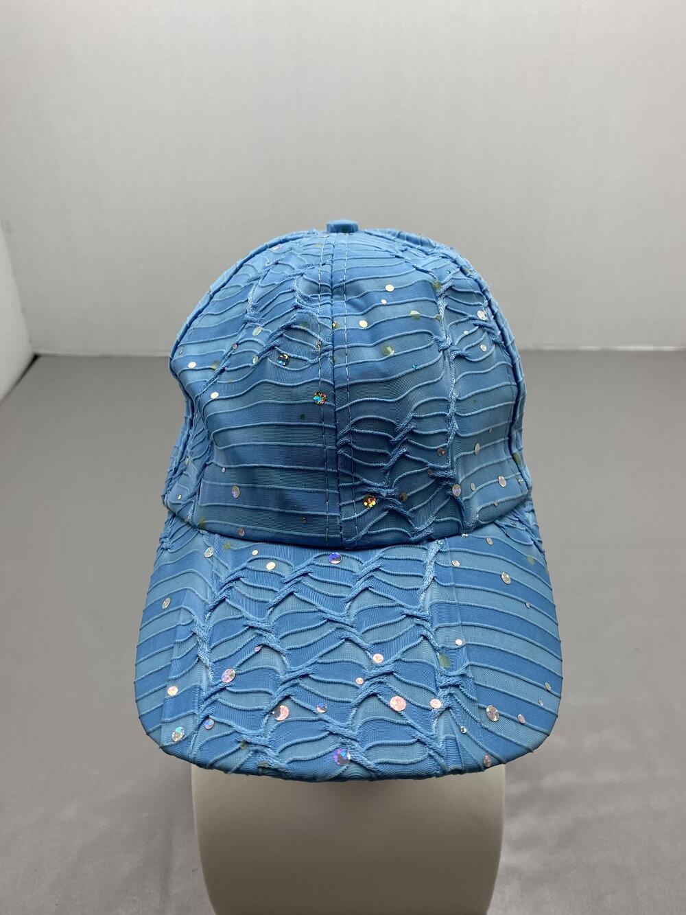 Hat Cap Strap Back Blue Sequin Striped Mesh Womens One Size Adjustable Summer